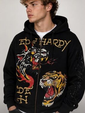 Ed Hardy Black Zip-Up Hoodie with Tiger Graphic